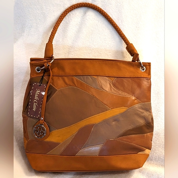 New Macy's Madi Claire "Adrienne" Tan Leather Boho Patch Handbag Large Purse - Picture 1 of 16